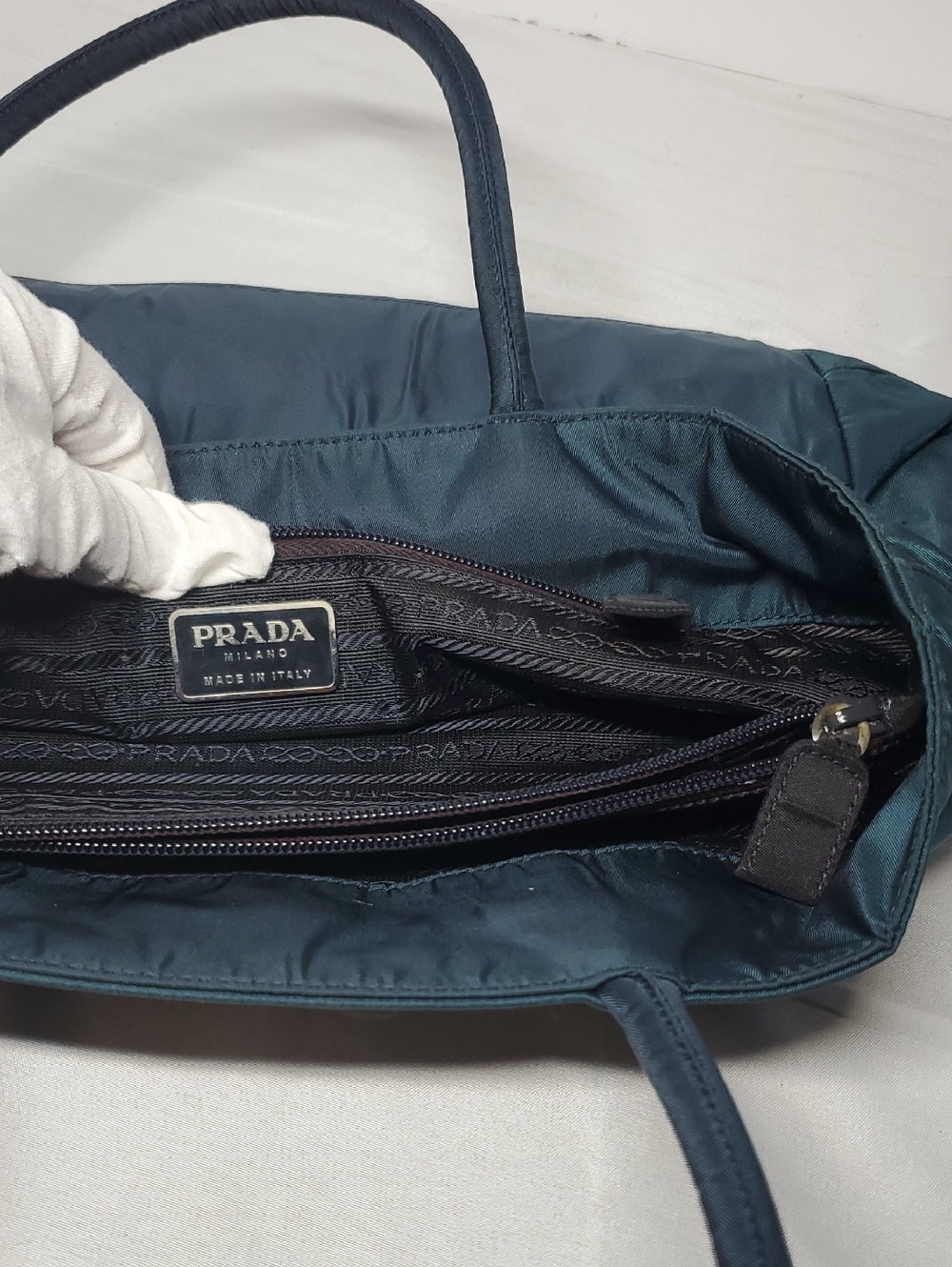 Authentic Prada Blackish/Greenish Nylon Tote Bag with Triangle Logo -Medium Size - Picture 11 of 14